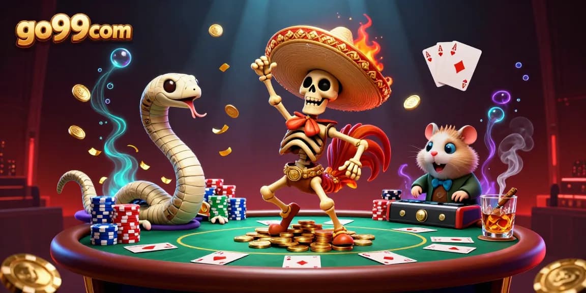 Engage with go99com's vibrant casino scene featuring a dancing mariachi rooster and dynamic elements.