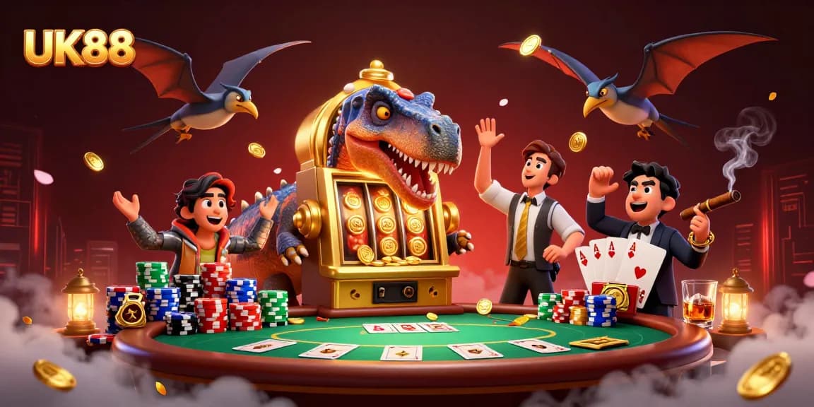 UK88 slots jackpot scene with vibrant characters and dynamic casino elements in action.