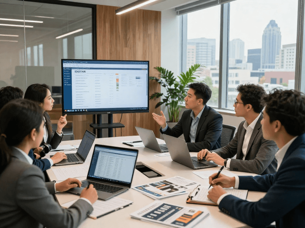 Real estate professionals collaborating on IDXSTAR listings in modern office setting.