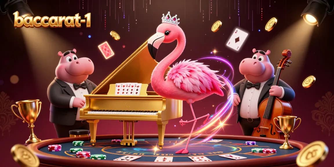 Baccarat-1 promotes high-stakes gaming with lively cartoon characters in a rich casino scene.