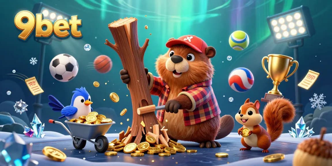 Engage in thrilling sports betting with 9bet as the beaver collects golden coins in this vibrant illustration.
