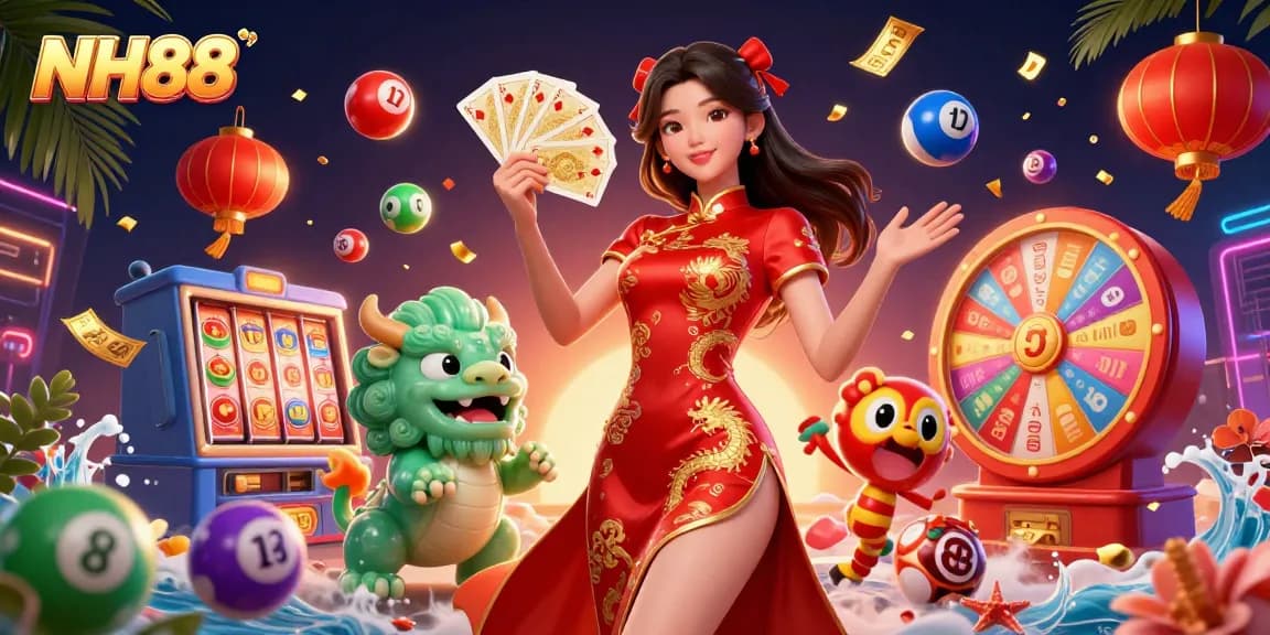 Experience thrilling NH88 gaming with an elegant woman in qipao, vibrant slot reels, and festive lottery elements.