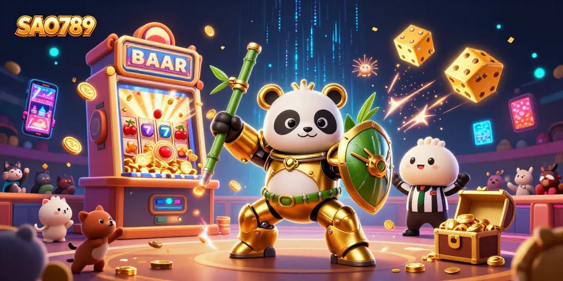 SAO789 showcases thrilling gaming action with jackpot explosions and colorful casino elements.