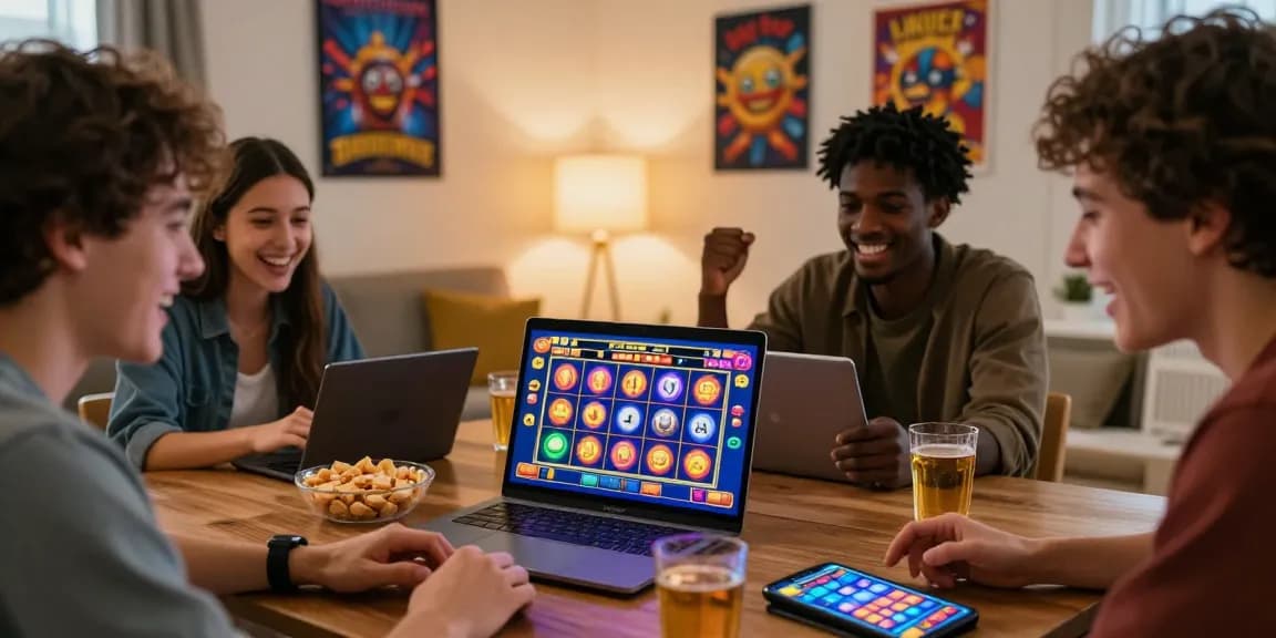 Friends enjoying a lively evening playing slot games online, celebrating wins in a cozy living room.