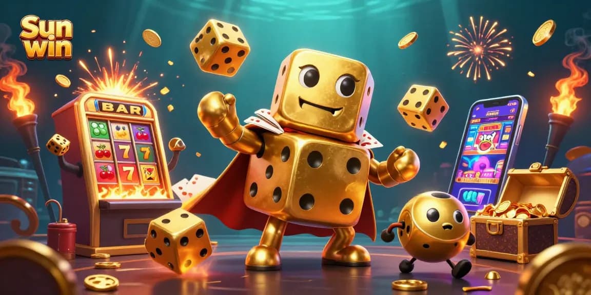 Experience exciting thrills with Sun win in this dynamic 3D casino illustration showcasing vibrant games.