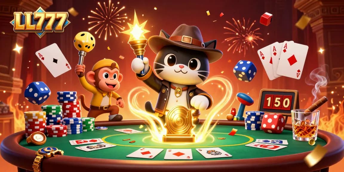 Experience LL777 action with an explorer feline discovering treasures amidst vibrant casino elements.