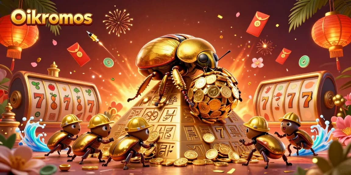 Engage with oikonomos in a vibrant 3D casino scene featuring a dung beetle and gold coins.