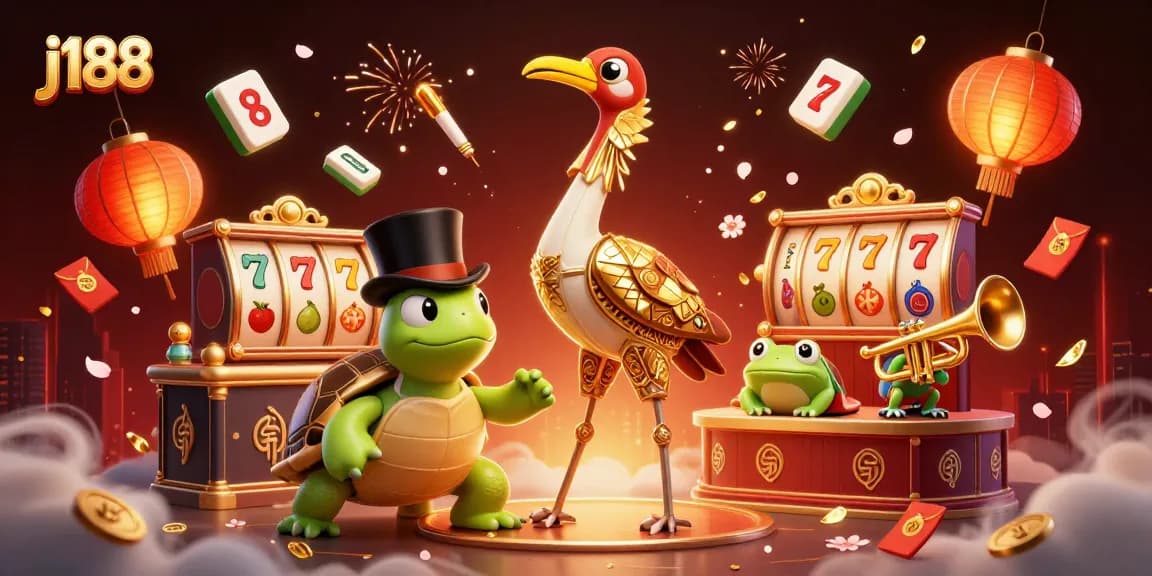 Play exciting j188 casino games with vibrant slot reels, lucky symbols, and festive atmosphere.