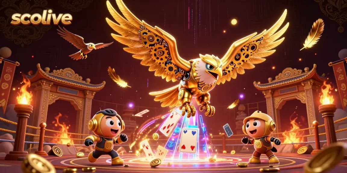 Socolive showcases a 3D golden eagle soaring through holographic cards in a vibrant casino scene, engaging in high-stakes action.