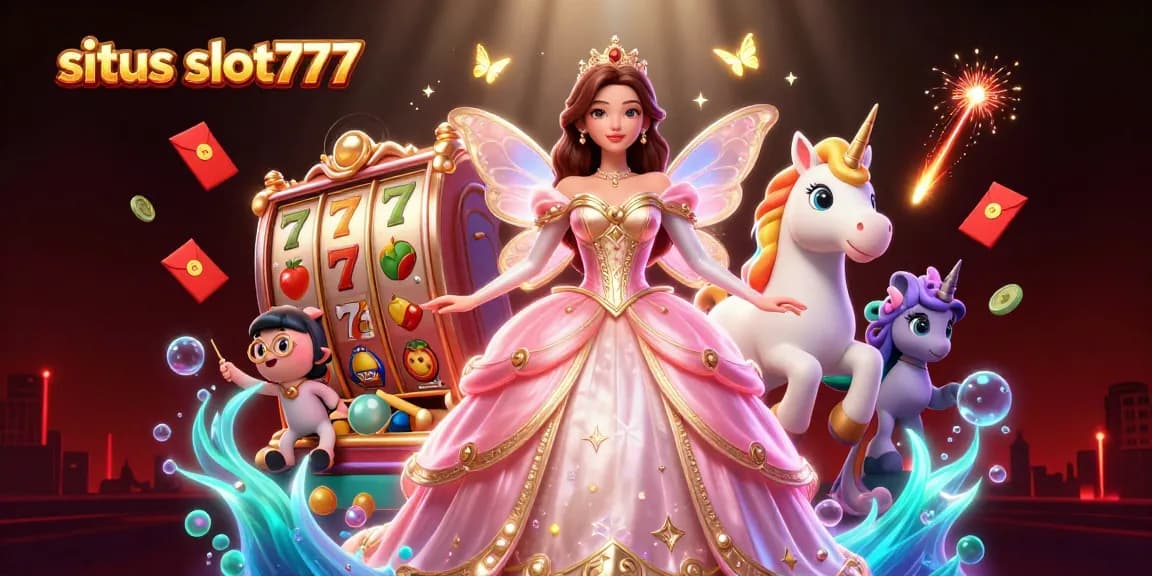 Play slots at situs slot777 with a glamorous scene featuring a princess and golden unicorn.