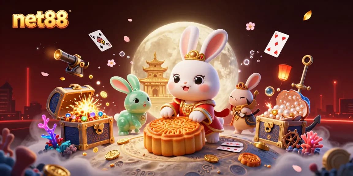 net88 illustrates a lively scene of a moon rabbit and jade companion amidst casino elements, perfect for gamblers.