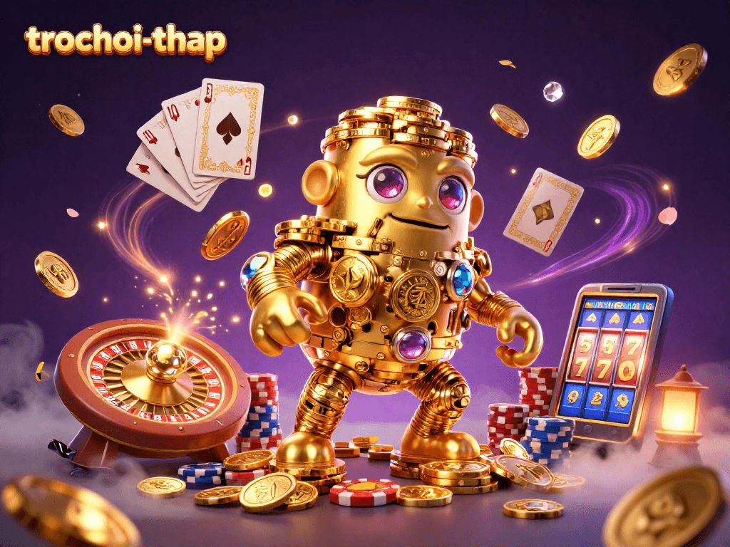 Engage in the thrilling action of trochoi-thap with golden golems and dazzling casino elements.