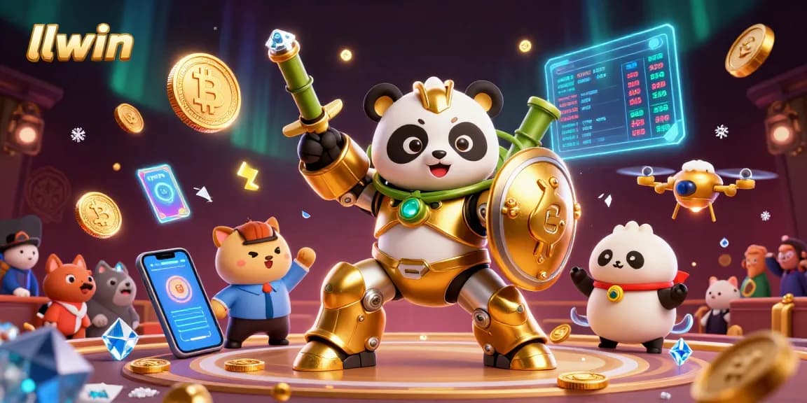 llwin features exciting gaming elements within a vibrant golden panda mech-suit arena scene.