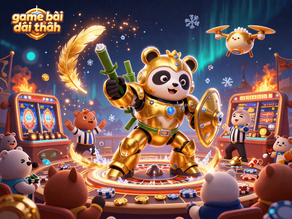 Engage in the thrill of game bài đổi thưởng featuring vibrant casino elements and a golden panda mech-suit.