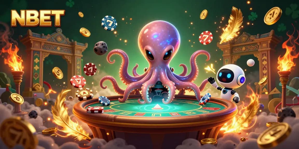 Play with NBET at a vibrant alien-themed poker game surrounded by animated cosmic elements.