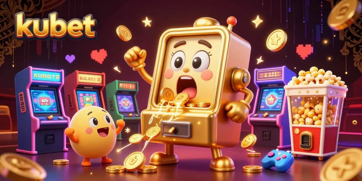 Kubet's thrilling jackpot moment illustrated with vibrant slot machines, gold coins, and arcade excitement.