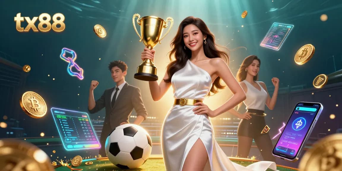 Experience the thrill of tx88 sports betting with a victorious Asian woman holding a trophy amid vibrant gaming elements.