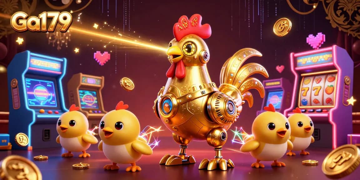 Play Ga179 with golden rooster robot and baby chick drones amidst vibrant casino games.