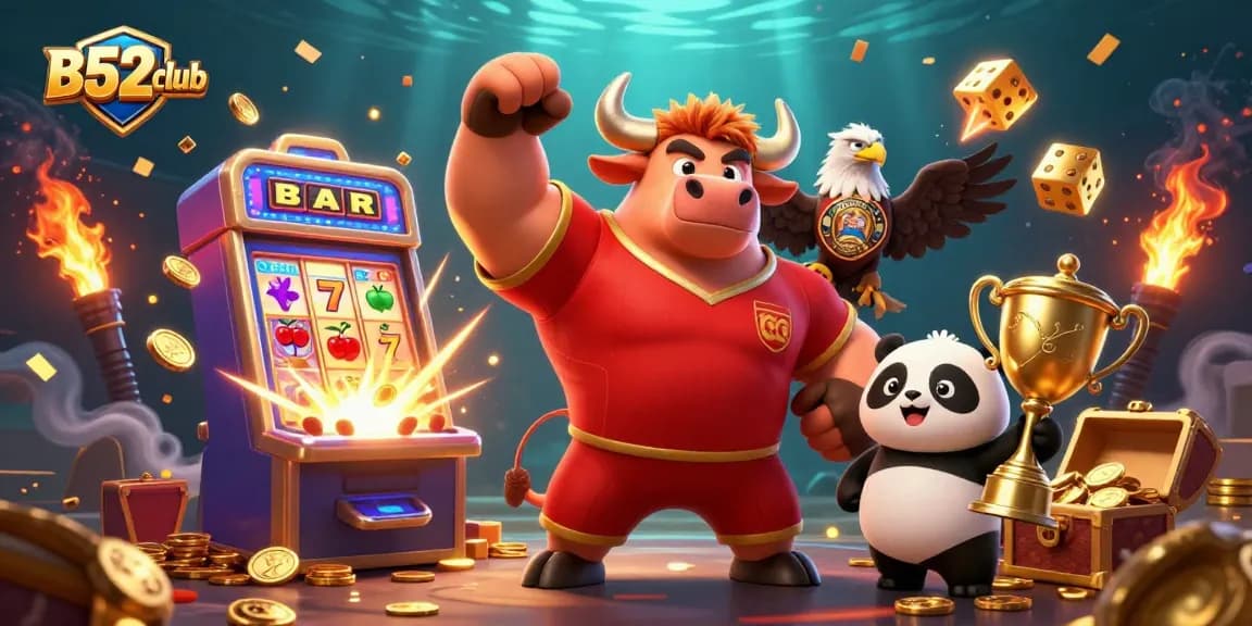 Experience victory with B52club as the bull mascot and friends celebrate a jackpot in casino style.