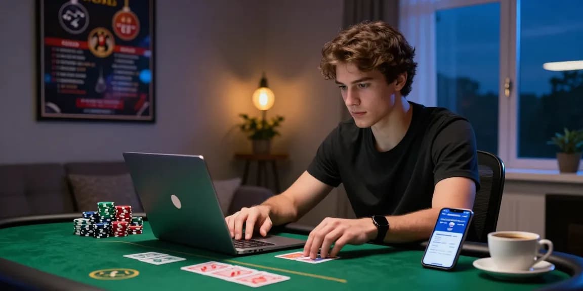 Intense player engaging in Game Poker Uang Asli Dominobet at home with cards and chips.