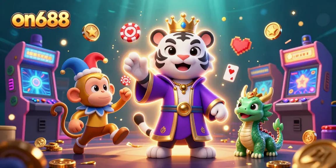 Play thrilling games at on688 with an enchanting scene featuring a royal tiger, playful monkey, and jade dragon in a vibrant casino