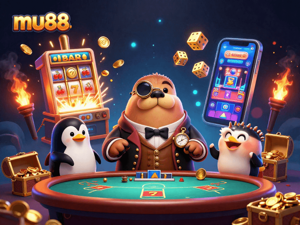 Join the jolly walrus at the mu88 poker table with lively casino elements all around.
