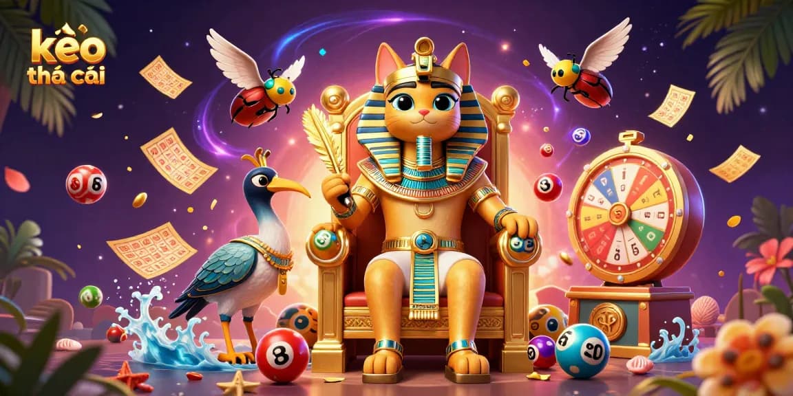 Kèo nhà cái illustration featuring an Egyptian pharaoh cat and lottery elements surrounded by colorful balls and golden rewards.