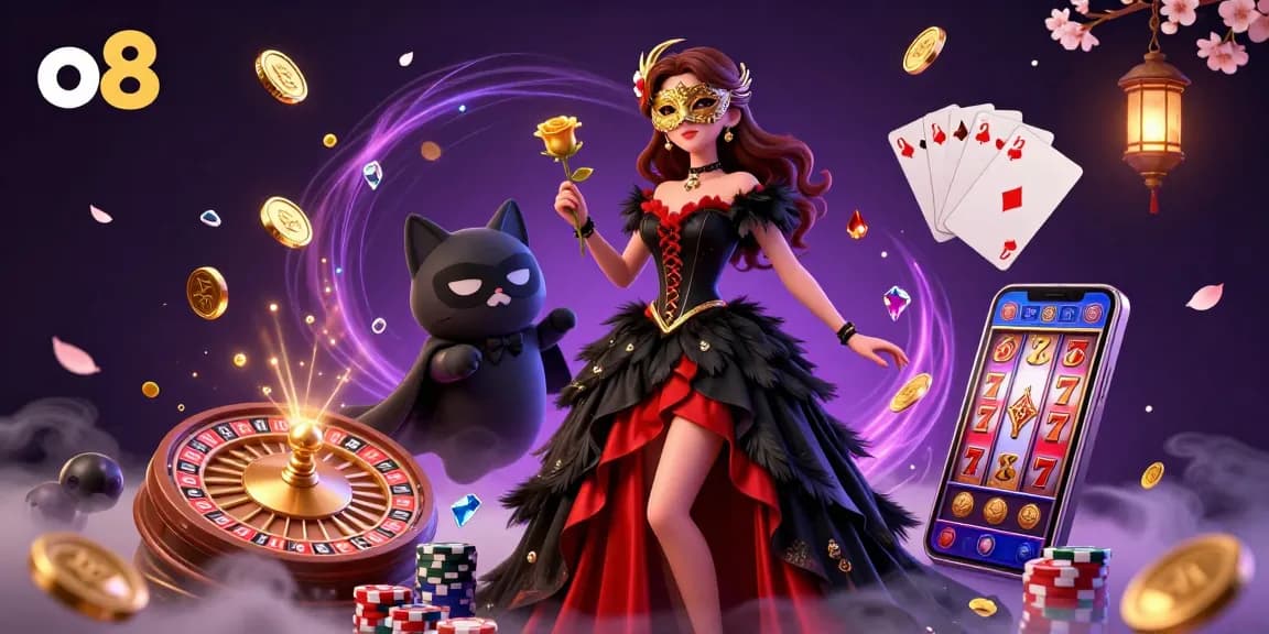 Experience thrilling gameplay at o8 with stunning visuals of a vibrant casino scene showcasing a dynamic roulette wheel and cascading coins.