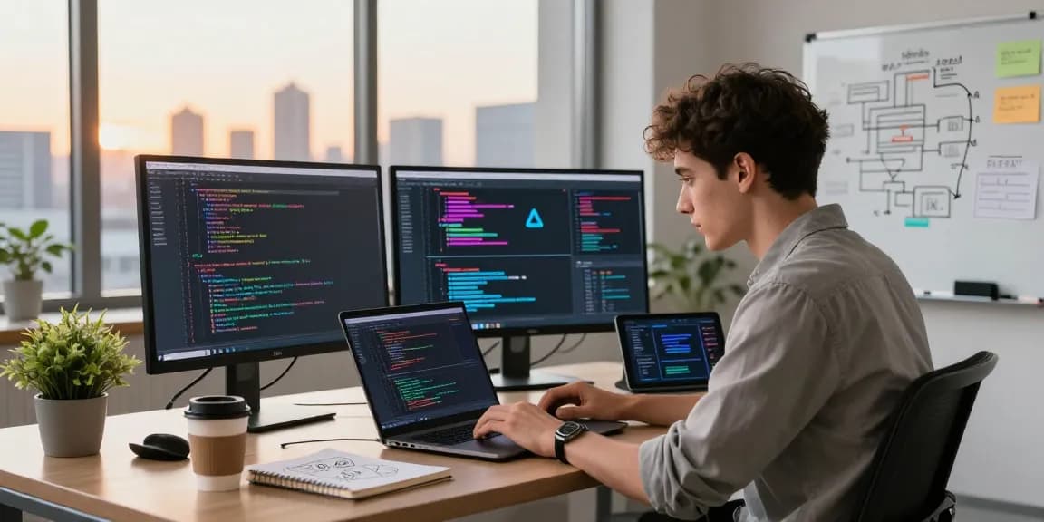 Developer coding on a laptop in a modern office, showcasing hot ai technology and vibrant code.