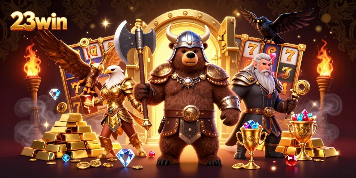 Experience thrilling wins with 23win, showcasing a vibrant Viking-themed casino illustration rich with gold treasures.