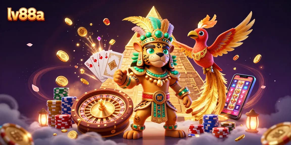 Experience excitement at lv88a with a vibrant illustration of casino games, characters, and dynamic elements.