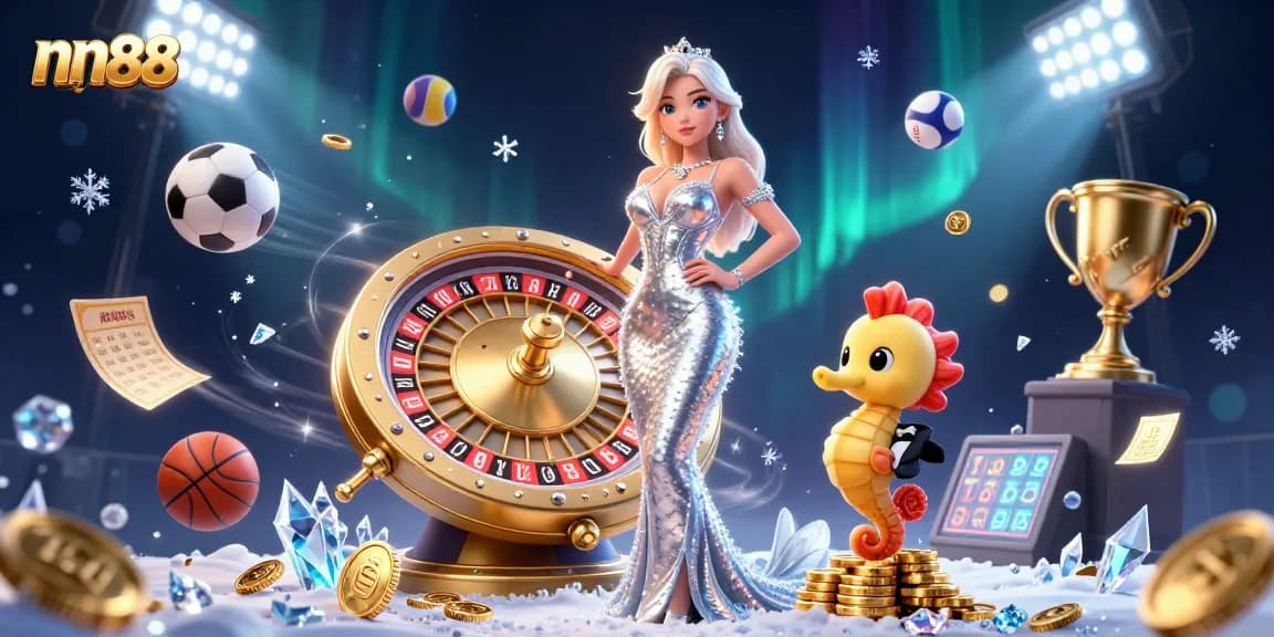 Experience the thrill of nn88 with a glamorous scene featuring a mermaid in an evening gown and roulette wheel.