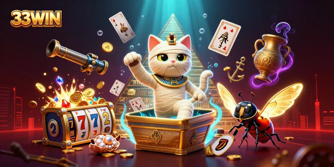 Experience the thrill at 33WIN with the extravagant Egyptian mummy cat and glowing treasures amidst casino themes.