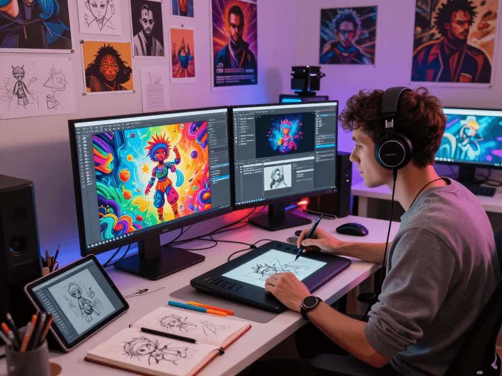 NSFW AI-generated art scene with digital artist focused on creative process.