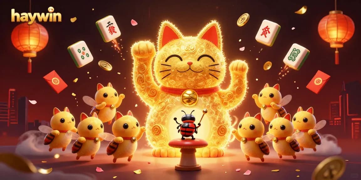 Experience haywin's vibrant casino atmosphere with a dynamic lucky cat and cheerful symbols.