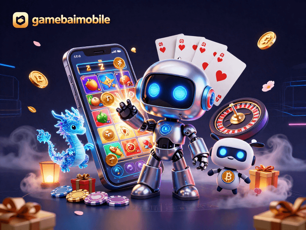 gamebaimobile features a cyberpunk robot mascot with a bitcoin symbol amidst colorful casino elements.