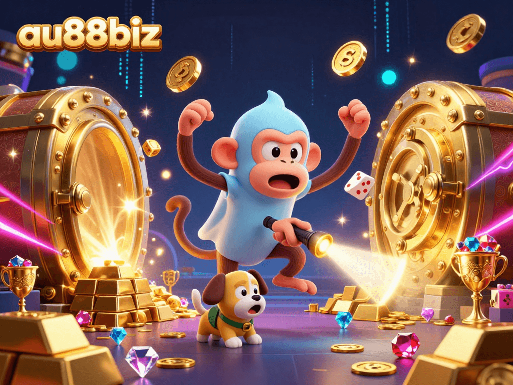 Engage with the vibrant universe of au88biz, featuring a playful monkey juggling golden casino items amid a dazzling, haunted casino backdrop.