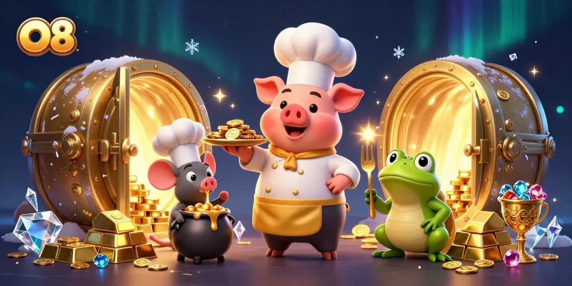 O8 casino cartoon featuring a chef pig, mouse, and frog amidst gold coins and jewels
