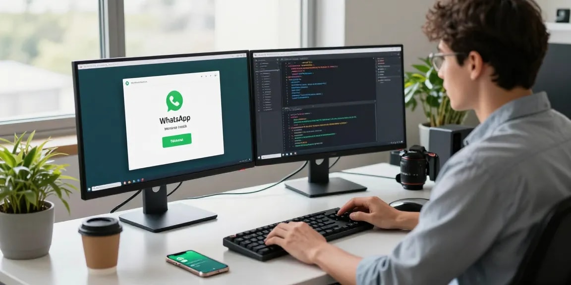 Developer in a modern office environment using WhatsApp下載 on dual monitors, showcasing coding activities and tech gadgets.