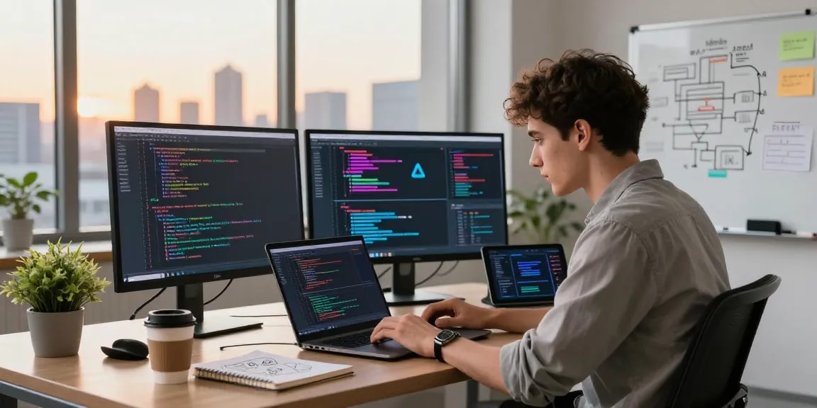 Developer coding on a laptop in a modern office, showcasing hot ai technology and vibrant code.