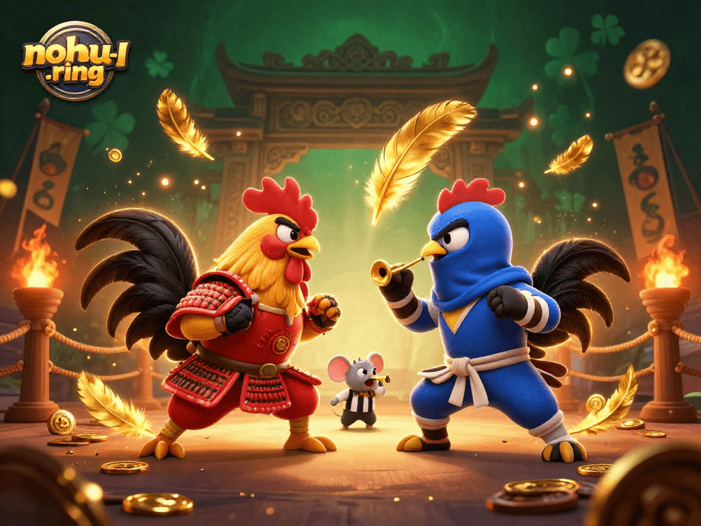 Engage in exciting gameplay with nohu-ring as dynamic cartoon fighting roosters duel, surrounded by casino elements.