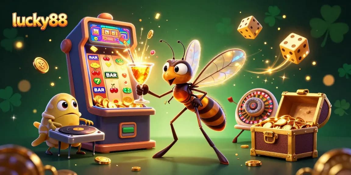 Engage with lucky88 in this vibrant 3D casino scene, featuring a unique mosquito mascot and dynamic elements.