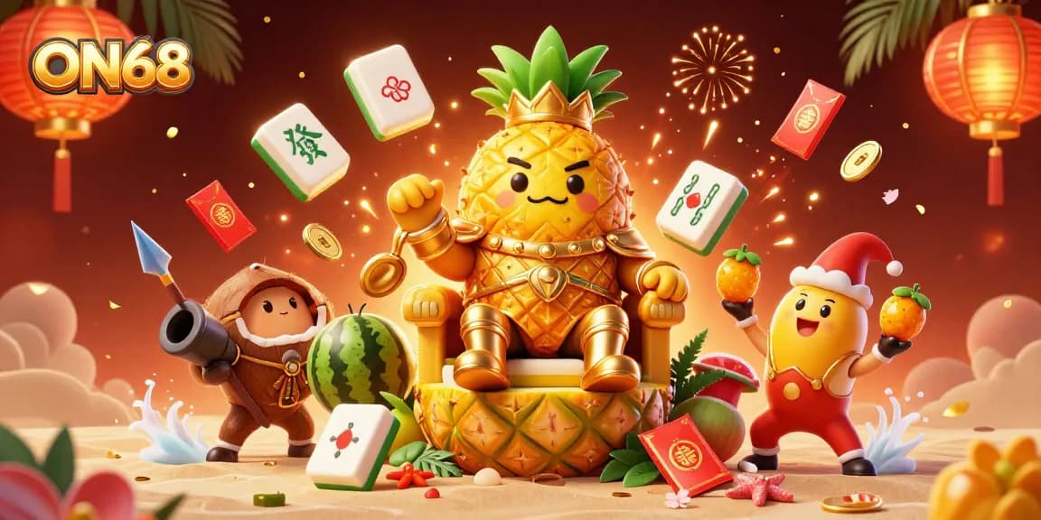 Engage in thrilling gaming action at ON68 with a vibrant golden pineapple king and captivating casino elements.