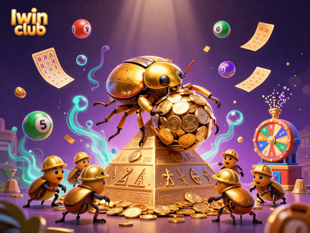 Iwin club celebrates lottery excitement with 3D golden beetles promoting fun-filled games of chance.