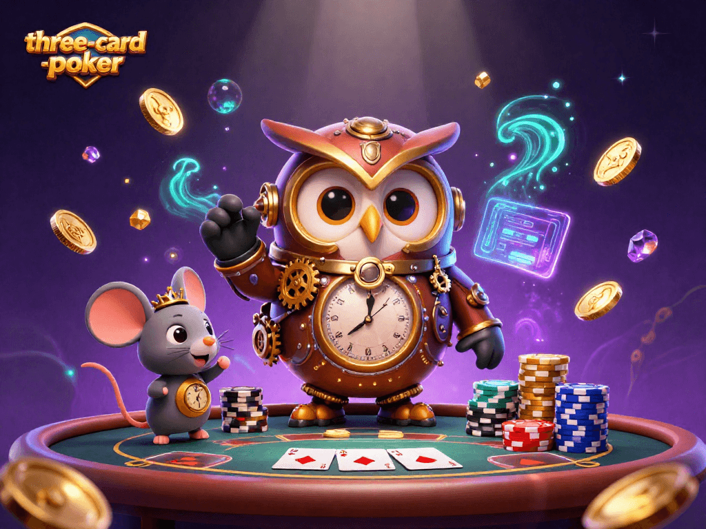 Engage with three-card-poker in an exciting 3D casino scene featuring lively characters and vibrant visuals.
