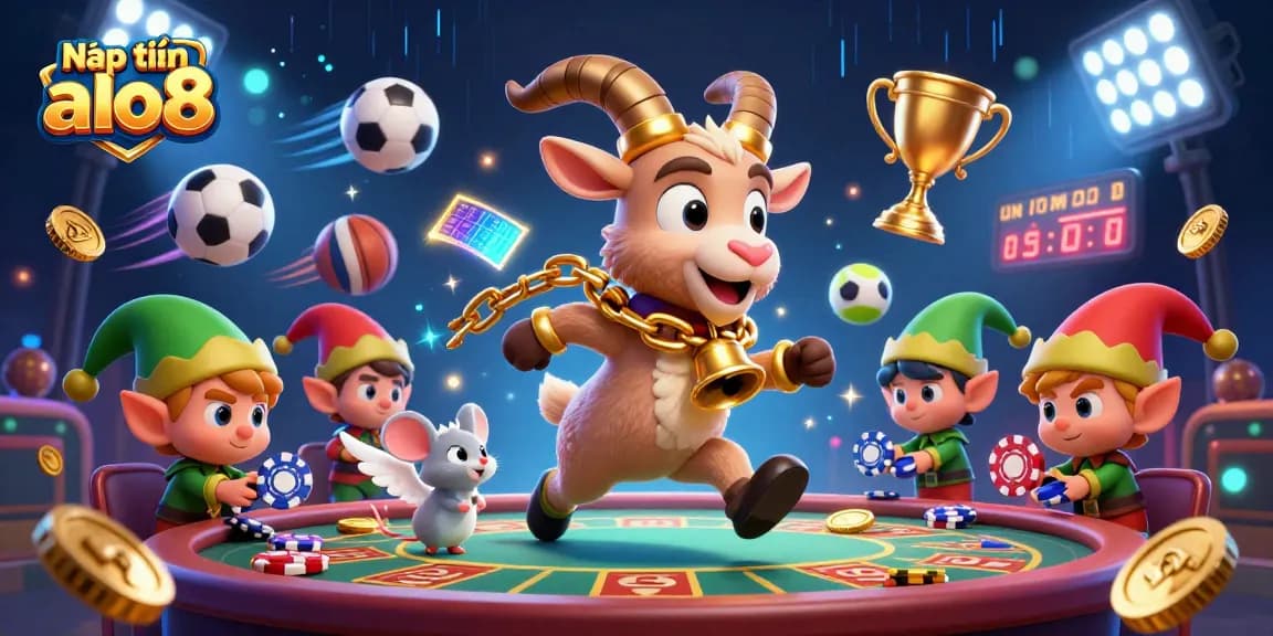 Nạp tiền alo8 in a lively casino scene with festive characters and dynamic sports elements.