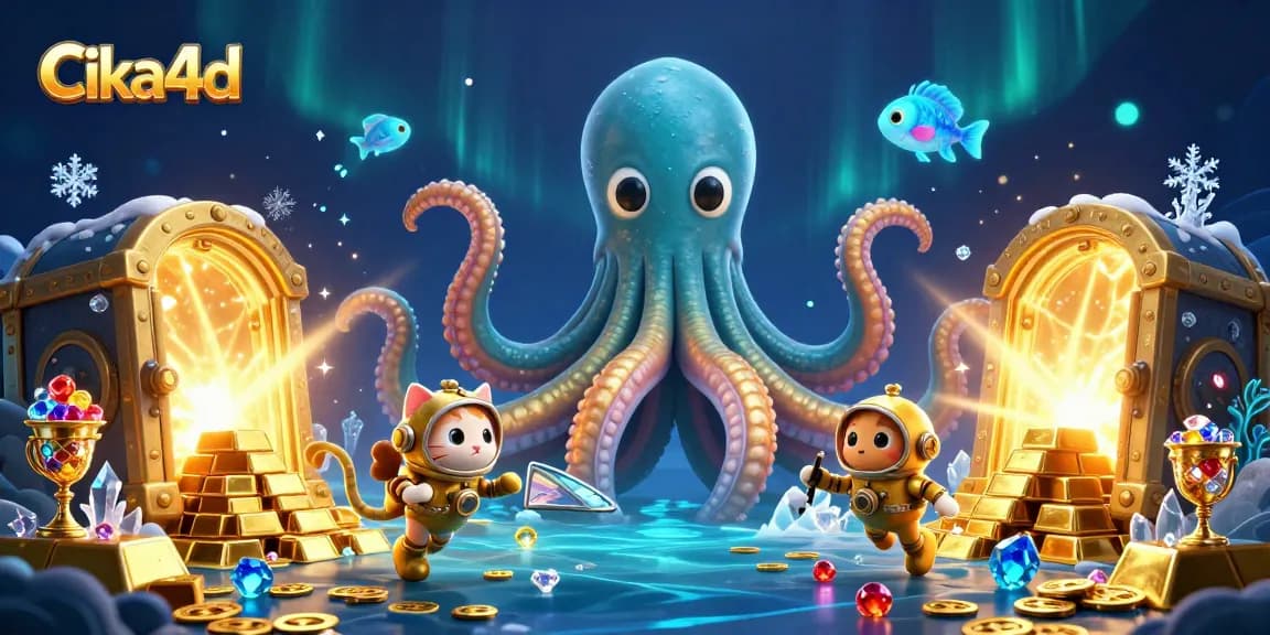 Experience thrilling action with cika4d's kraken and diving cat in a vibrant casino treasure scene.