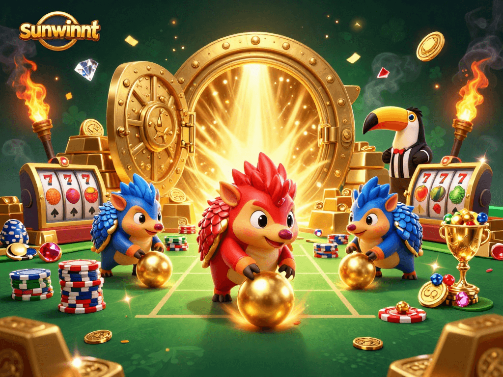 Engaging sunwinnt casino scene with rival pangolins competitively bowling through poker chips.