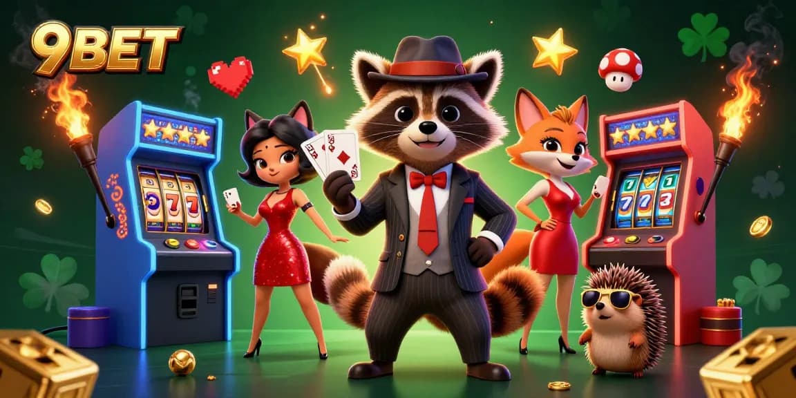 Experience the thrill of winning with 9BET's vibrant 3D casino scene featuring a raccoon, fox, and hedgehog characters.