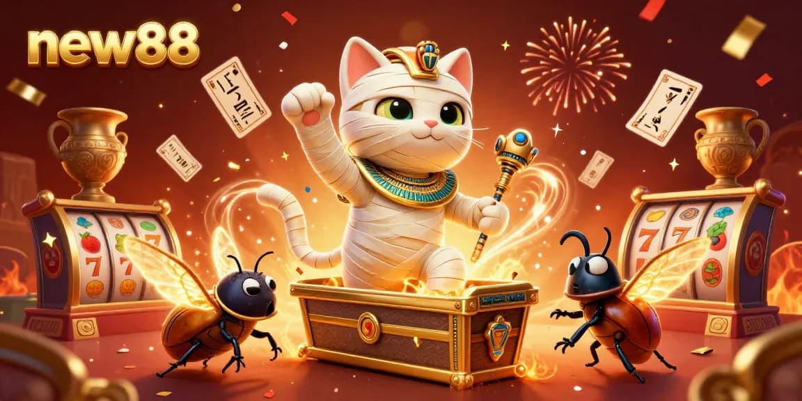 Experience thrilling gameplay with new88 in this vibrant casino scene featuring an Egyptian mummy cat.